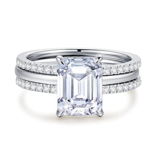 Image of Moissanite Wedding Ring Set for Women, D Color VVS1 Cushion /Emerald Cut Bridal Set Wedding Bands S925 Sterling Silver with 18K White Gold Plated Engagement Anniversary Rings for Her Size 4-8.5