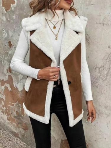 yoeasy Women's Winter Faux Suede Leather Vest Sleeveless Button Down Sherpa Lined Jacket Casual Outerwear Coat3