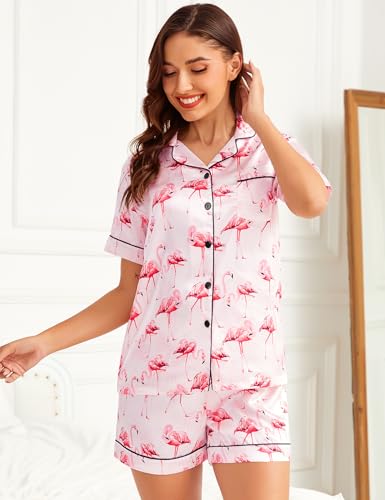 Image of SWOMOG Womens Silk Satin Pajamas Set Short Sleeve Sleepwear Button Down Top and Shorts Loungewear 2 Piece Pjs Set XS-3XL