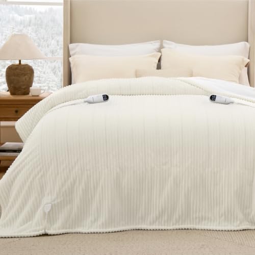 Image of Bedsure Ribbed Electric Blanket King, Coconut White Heated Blanket, Preheat