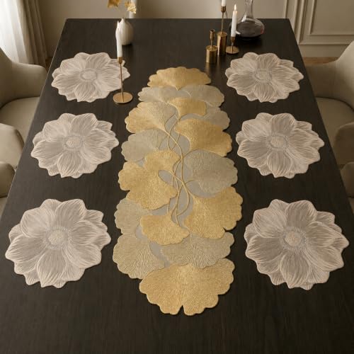 Image of Dakshya Industries PVC Waterproof Round Table Placemats & Table Runner Combo | 6 Round Mats (38 x 38 cm) + 1 Runner (91 x 33 cm) | Heat Resistant, Washable, Non Slip (Orvessa)