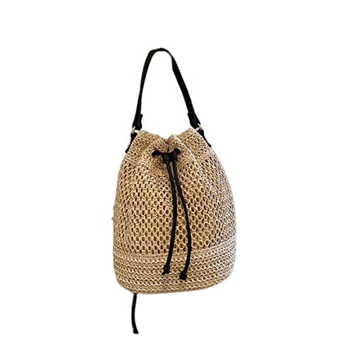 Image of Women Straw Drawstring Bucket Purse Small Tote Shoulder Handbag Hollow Out Cross-body Bag for Summer,Beach | Straw
