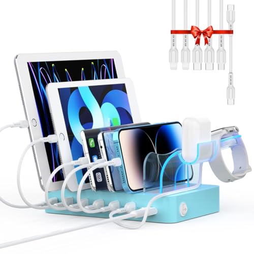 SooPii 60W/12A Station de Charge USB à 6 Ports, Chargeur USB 20W PD avec Support de Montre I 2 en 1, 6 câbles Inclus pour téléphones, tablettes et Autres appareils électroniques