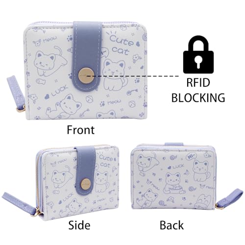 Women Wallets, PU Material Small Womens Wallets Small Cute Wallet for Woman, Lovely Cat Patterns Credit Card Holder Wallets with Zipper for Cash, Keys, ID Cards, Coin (Blue)4