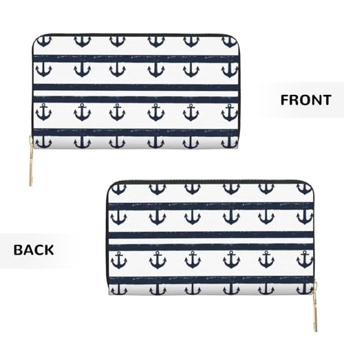 Blue White Anchor Print Wallet Women Men, Long PU Leather Wallets for Women, Cute Womens Travel Wallet Purse Pouch with Zipper Pocket2