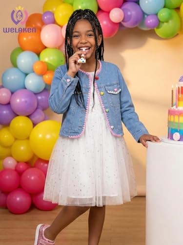 Image of WELAKEN Print Denim Jacket for Girls & Kids II Little Girl's Button Down Crop Jean Jacket Coat