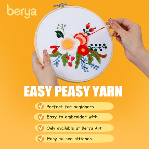 Image of BERYA Embroidery Kit for Beginners, Flowers and Leaves Embroidery Practice Kit, Hand Floral Embroidery Starter Kit for Adults with Video Step by Step Instructions, Hoops, Threads and Needles (BEF014)