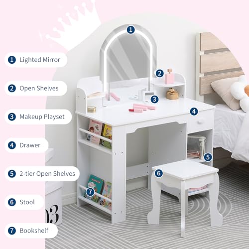 Garvee Kids Vanity with Lighted Mirror & Stool, Little Girls Vanity with Adjustable LED Light, Bookshelf, Storage Drawer & Shelves for Girls 3-9, White