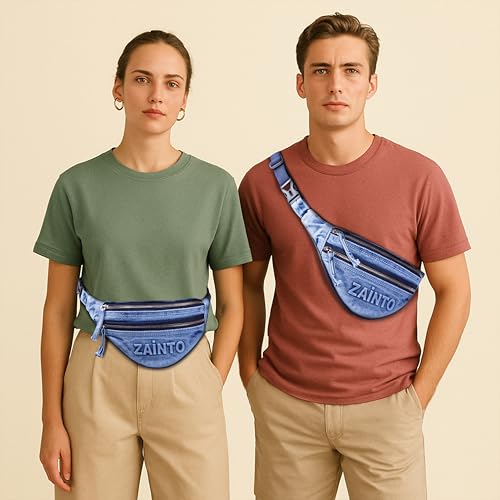 Image of Zainto Denim Waist Bag for Men & Women | Stylish Fanny Bag with Adjustable Strap | Premium Denim Material, Dual Zipper Crossbody Mini Bag
