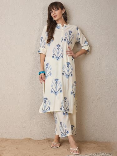 Image of INDO ERA Women's Straight Viscose Rayon Geometric Printed Kurta & Pant Set (IESTR10102)