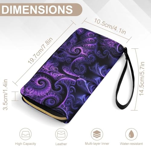 Girl's Long PU Wallet, Travel Purse Fashion Design, Huge Storage Capacity Purse, Cute Decor Zipper Wallet With Rope Trippy Abstract Purple Tie Dye2