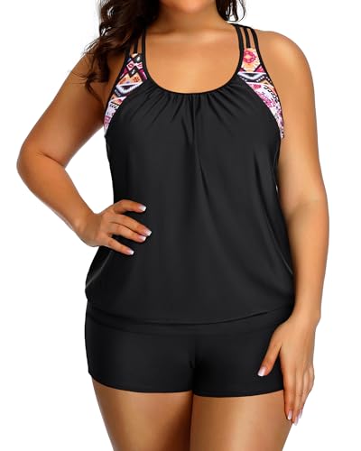 Image of Womens Plus Size Tankini Swimsuit Two Piece Tummy Control Bathing Suit | Blouson Racerback Tankini Top with Shorts, Double Up Design, Removable Pad