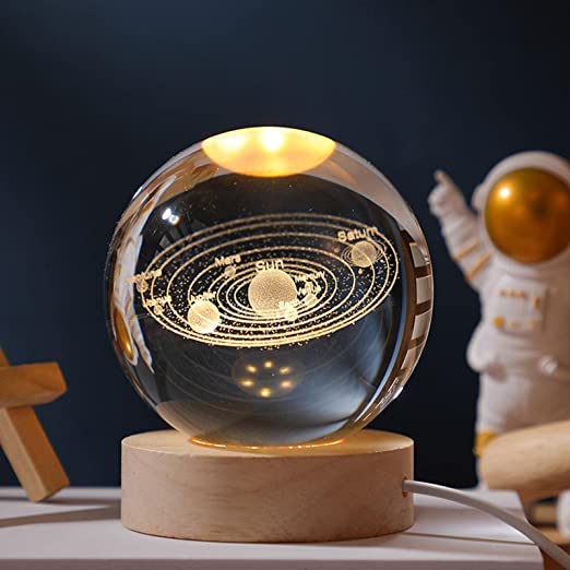 Image of Mezco Cute USB Lamps 3D Sun System Planets Model Globe Crystal Glass Art Wooden Base Led Display Stand for Office Decor (White) (Pack of 1)