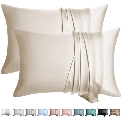 Image of 100% Silk Pillow Cases 2 Pack Queen Size Mulberry Silk Pillowcase for Hair and Skin Set of 2 Highest Grade 6A Silk Soft Breathable Cooling with Hidden Zipper, Beige