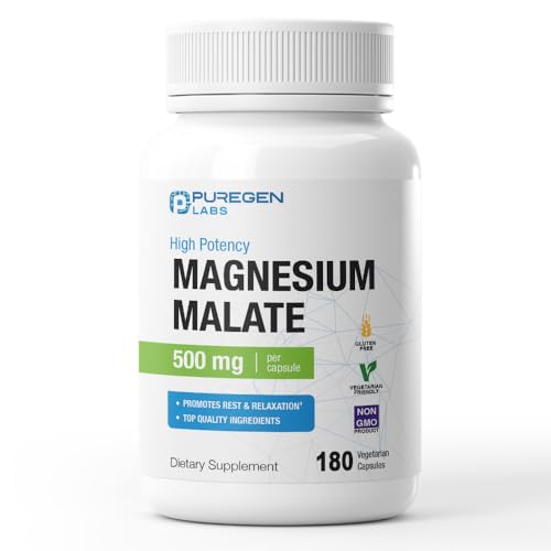 Puregen Labs Magnesium Malate 500mg | High Potency Elemental Magnesium | 180 Veggie Caps, Superior Absorption, Non-GMO, NO Gluten and Dairy, Gentle on Stomach