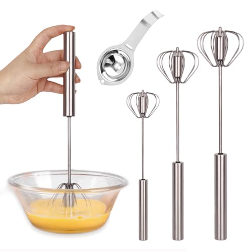 3 Batidor Automático Simple – Batidor Semiautomático de Acero Inoxidable para Mezclar, Batir y Espumar en Cocinas, 10+12+14 in, con Separador de Huevos