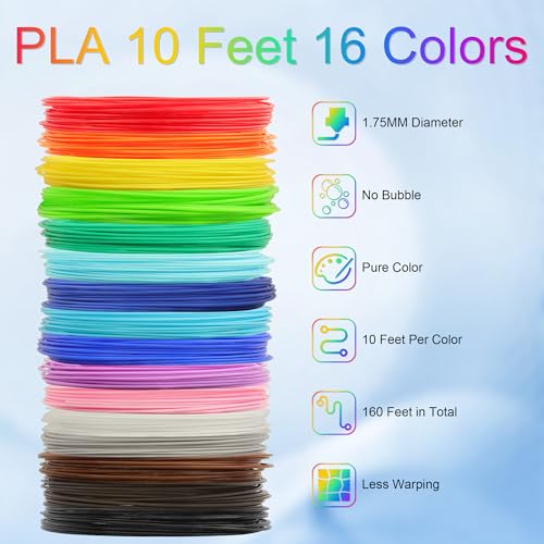 Image of MIKA3D 3D Pen 3D Printer PLA Filament Refill, 16 Colors 1.75mm PLA Filament Pack, High-Precision Diameter Filament, Each Color 10 Feet, Total 160 Feet Lengths, Great PLA Printing Sample Pack
