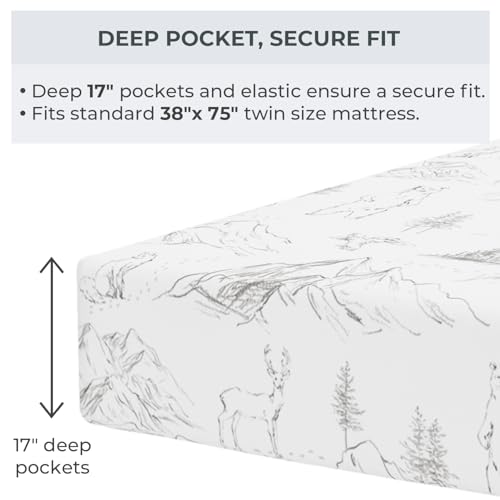 Image of Pobibaby Premium Twin Full Sheets Sets, Kids Double Bed Sheets in Cotton Blend | Ultra-Soft Woodland Camping Print with Fitted Sheet, Flat Sheet & Pillowcases (Twin Explore Monochrome)