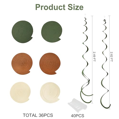Image of 36 Pcs Jungle Hanging Swirl Decorations Sage Green Brown Beige Felt Swirl Streamer Spiral Ceiling Garland for Safari Jungle Woodland Wild One Birthday Neutral Baby Shower Party Decorations Supplies