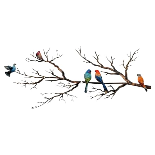 ESTART Metal Birds Wall Art, Metal Vivid Birds on Branch Silhouette Wall Decor Black Leaves with Bird Outdoor Hanging Wall Sculpture for Home Balcony Garden (Classic Color, Large)