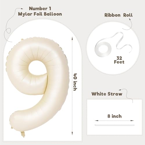 Image of Number Balloons for Birthday Decorations - 40 Inch Large Party Balloons 9, Cream Foil Number Balloons for Boys Girls, Balloons for Party Supplies