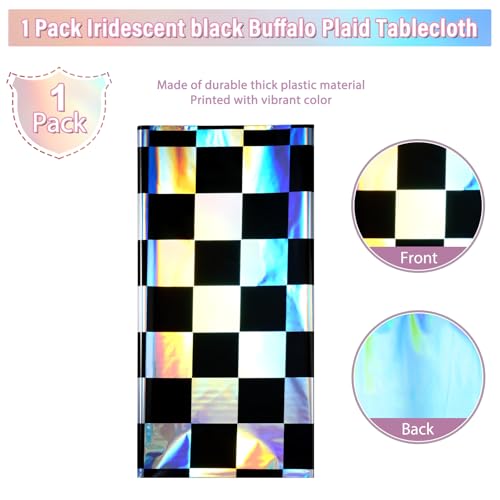 Image of 1Pack Black and Iridescent Checkered Plastic Tablecloth, Shiny Disposable Laser Rectangle Table Covers, Holographic Foil Tablecloth Iridescent Party Decorations for Picnic Camping Race Car, 54x108Inch