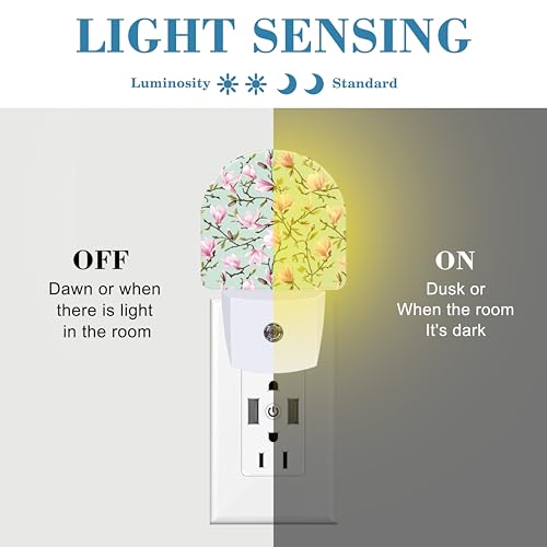Image of Plug in Night Lights Magnolia Flowers and Leaves Nightlight Plug Into Wall Dusk to Dawn Sensor LED Night Light for Kid Girls Boys Room Decor, Hallway, Kitchen, Bathroom, Nursery, Stairs