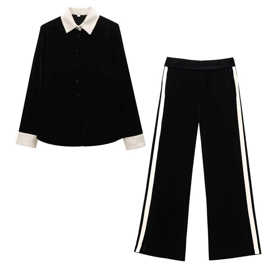 Set di pantaloni decorativi da donna in pile a maniche lunghe con strisce laterali