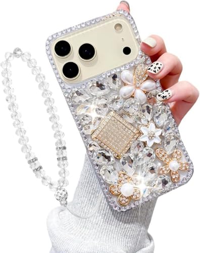Coque iPhone 17 Pro avec dragonne et strass 3D transparents pour femme