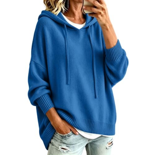 MaMiDay Women's Oversized Hooded Sweater Casual Pullover Drop Shoulder Blue - image 1
