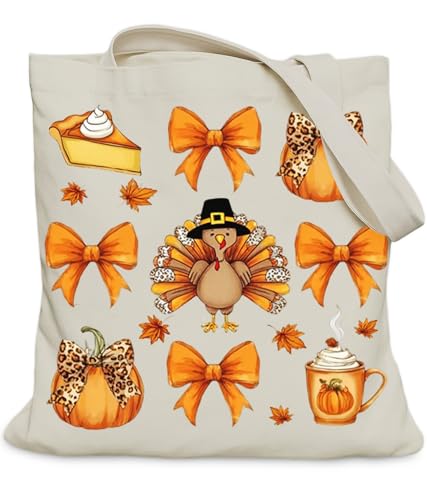 LUERHUI Fall Turkey Pumpkin Gifts Tote Bag for Thanksgiving Coquette Bow Tote Bag for Autumn