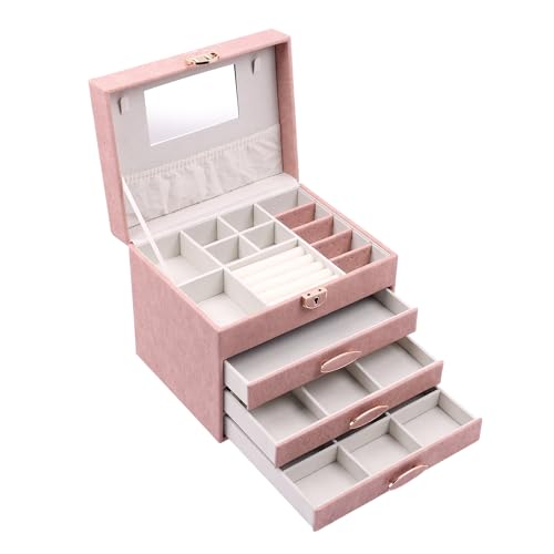 Image of BucketList Luxury PU Leather Jewellery Organizer Box with Mirror & Lock | 3 Drawer Jewelry Storage Case with Ring Rolls & Compartments (4 Drawers Jewelry Box with Mirror (Pink))