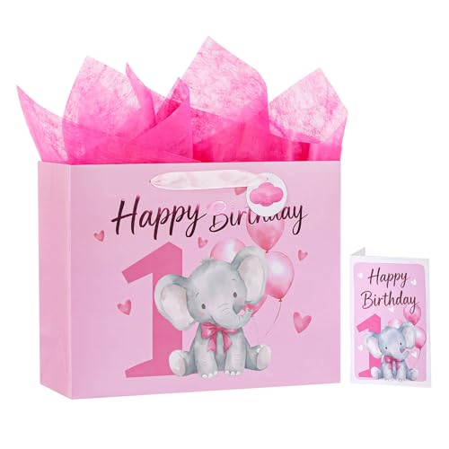 Image of Powbrace 13 inch 1st Birthday Gift Bag with Tissue Paper and Greeting Card for Party, Happy Birthday Gift Bag for Men Women,Gift Bags Medium size(1 PCS Pink Cartoon)