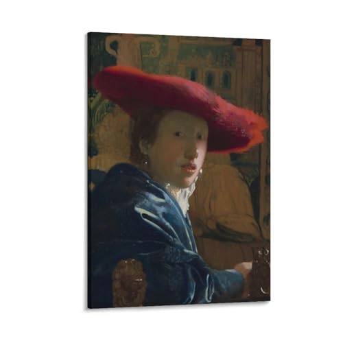 Impression toile Vermeer fille au chapeau rouge pour mur vide 60x90