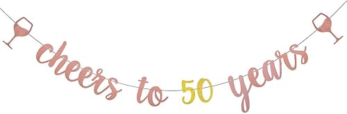 WEIANDBO - Pancarta con purpurina de oro rosa con texto en inglés "Cheers to 50 Years", pre-encordada, decoración de fiesta de aniversario de boda y