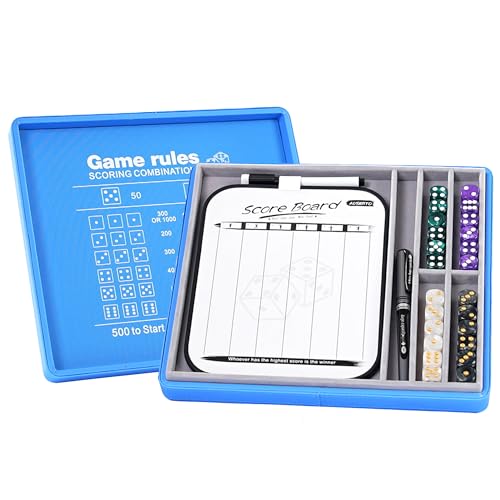 Dice Tray and Storage Case for Farkle Game - Includes Embedded Scoring Combinations, 4 Sets of 6 Pearl Dice, 50 Sheet Score Pad and Pen Holder for The Classic Family Game - Blue and Grey