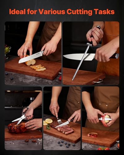 Image of VEVOR Kitchen Knife Set with Block and Sharpener, 15 Piece High Carbon Stainless Steel Knife Set, Rust-Resistant Kitchen Cutlery with Ergonomic Handle, Sharpening Rod & Premium Wooden Block, for Home