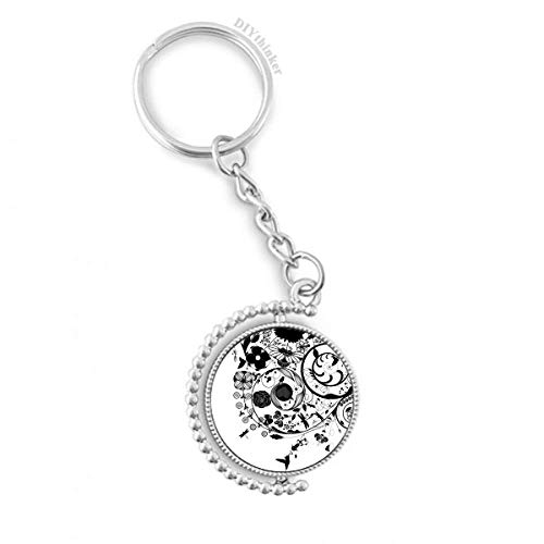 Porte-clés rotatif art noir blanc en métal robuste silhouette de plantes