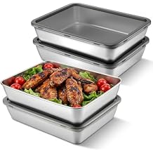 4 PCS 304 Stainless Steel Food Storage Containers with lids, 2.3 Inch Deep, 8x10 Inch Stackable Snack Storage Boxes Stainless Steel Oven plate Deli Meat Keeper for Refrigerator or Picnic, Office, Gym