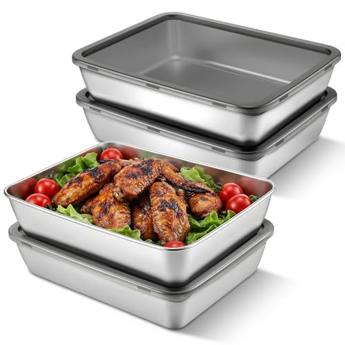 4 PCS 304 Stainless Steel Food Storage Containers with lids, 2.3 Inch Deep, 8x10 Inch Stackable Snack Storage Boxes Stainless Steel Oven plate Deli Meat Keeper for Refrigerator or Picnic, Office, Gym