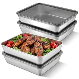 4 PCS 304 Stainless Steel Food Storage Containers with lids, 2.3 Inch Deep, 8x10 Inch Stackable Snack Storage Boxes Stainless Steel Oven plate Deli Meat Keeper for Refrigerator or Picnic, Office, Gym