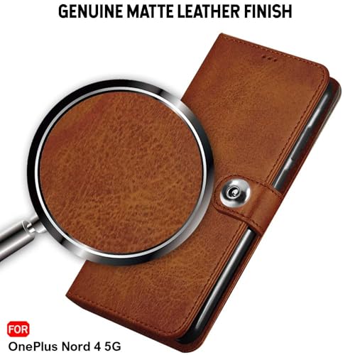 Image of TheGiftKart Genuine Leather Finish Flip Back Cover Case for OnePlus Nord 4 5G | Inbuilt Pockets & Stand | Wallet Style | Designer Button | Flip Cover Back Case for OnePlus Nord 4 (Faux Leather, Brown)
