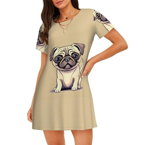 Chemise de nuit pour femme imprimé carlin, pyjama léger à manches courtes de vacances