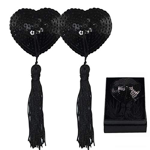 Muqu Bra With Tassel - Womens Silicone Petals Sequin Heart Pasties Adhesive Nipple Cover Reusable Bra Black #TOP5