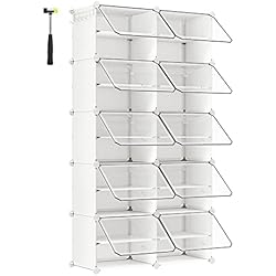 Estanteria Zapatero Lidl SONGMICS Mueble Zapatero Plástico, 10 Compartimentos, Zapatero Modular, Estantería Modular de Plástico, 30 x 40 x 30 cm Cada Cubo, con Puerta, Marco de Acero, Paneles de Plástico, Blanco LPC035W01