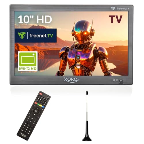 Xoro PTL 1050 V2 - 10.1' Tragbarer DVB-T/T2 Fernseher, Irdeto-Entschlüsselungssystem (inkl. 6 Monate freenet TV Guthaben), aktive Antenne, Akku, 12/24V Betrieb, grau