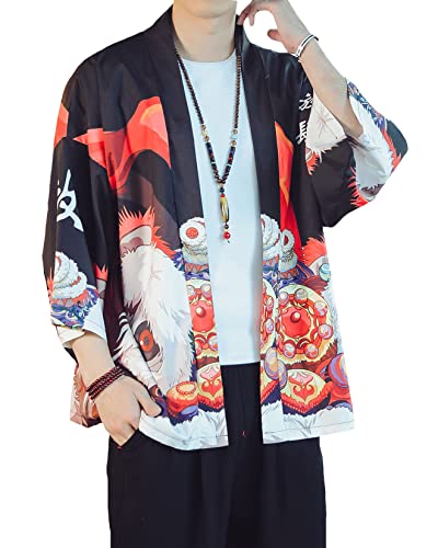 Image of PRIJOUHE Men's Lightweight Kimono Jacket Seven Sleeve Open Front Cardigan Coat Japanese Style Bathrobe