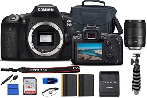 Lowest Price! Camera EOS 90D Kit DSLR Camera Pro Bundle + 18-135 is USM Lens + Case + Sandisk 128GB Memory Card + Card Reader + Tripod + Cleaning Kit (International Model)