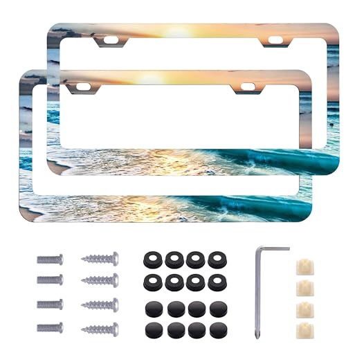 2Pcs Auto Universal Ocean Waves Funny Beach Sea Wave Stainless Steel License Plate Frames 12x6 Inch for Standard Us Canada
