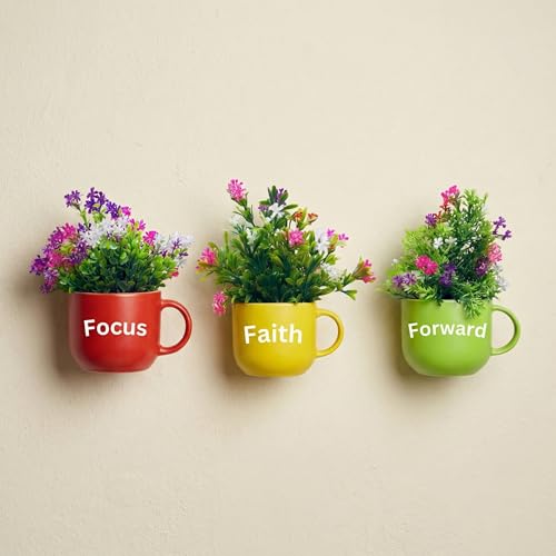 Image of Dekorly Wall Hanging Mug Planters with Artificial Flowers (20CM) - Decorative Hanging Cups, Colorful Floral Wall Decor for Living Room Bedroom Balcony Office Gift Set (3, Focus Faith Forward)